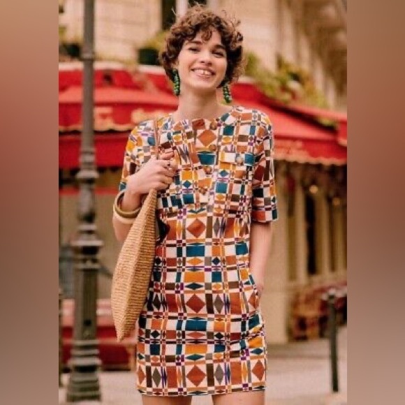 Sézane NEW Colorful Geometric Mini Lulu Dress Size 40 Linen Cotton Blend - Picture 2 of 13